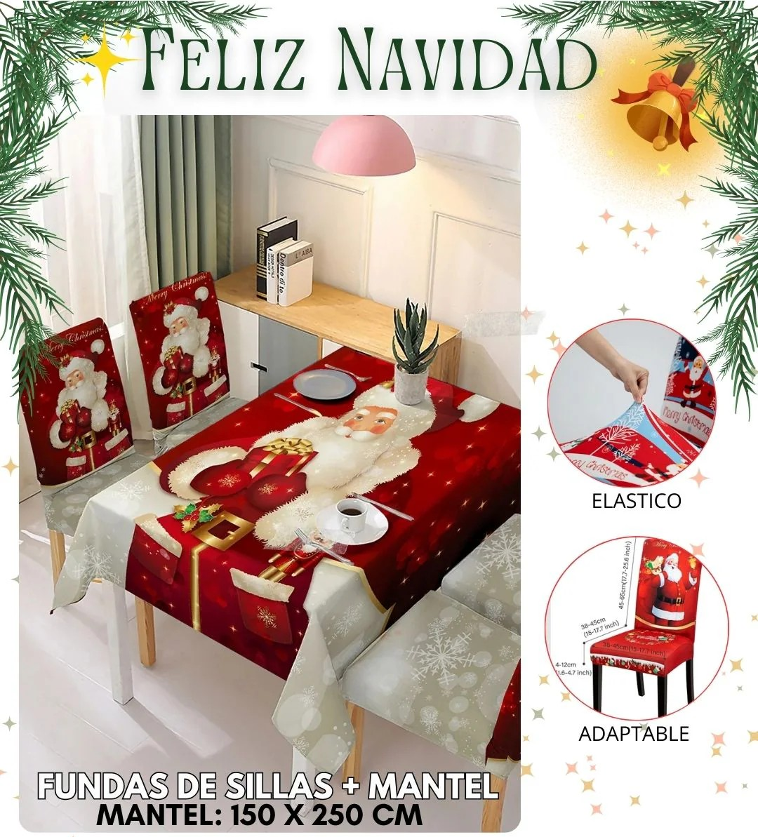 MANTEL + 6 FUNDAS DE SILLAS NAVIDEÑOS